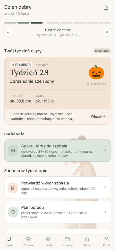 Ekran główny aplikacji Kidelo Ciąża — aktualny tydzień ciąży i zadania